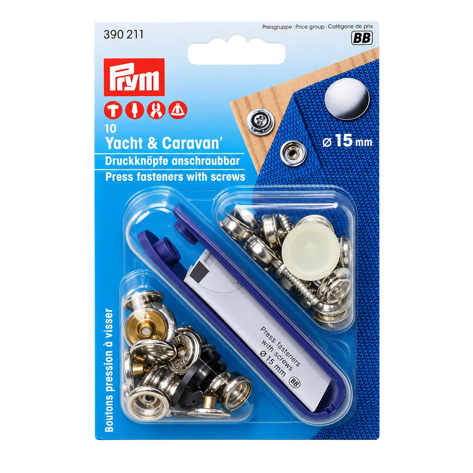 PRYM PR390211 Yacht & Caravan Druckknöpfe Ø 15 mm, SB-Packung mit 10 Stück, anschraubbaren Kugel-Unterteilen und Montagewerkzeug