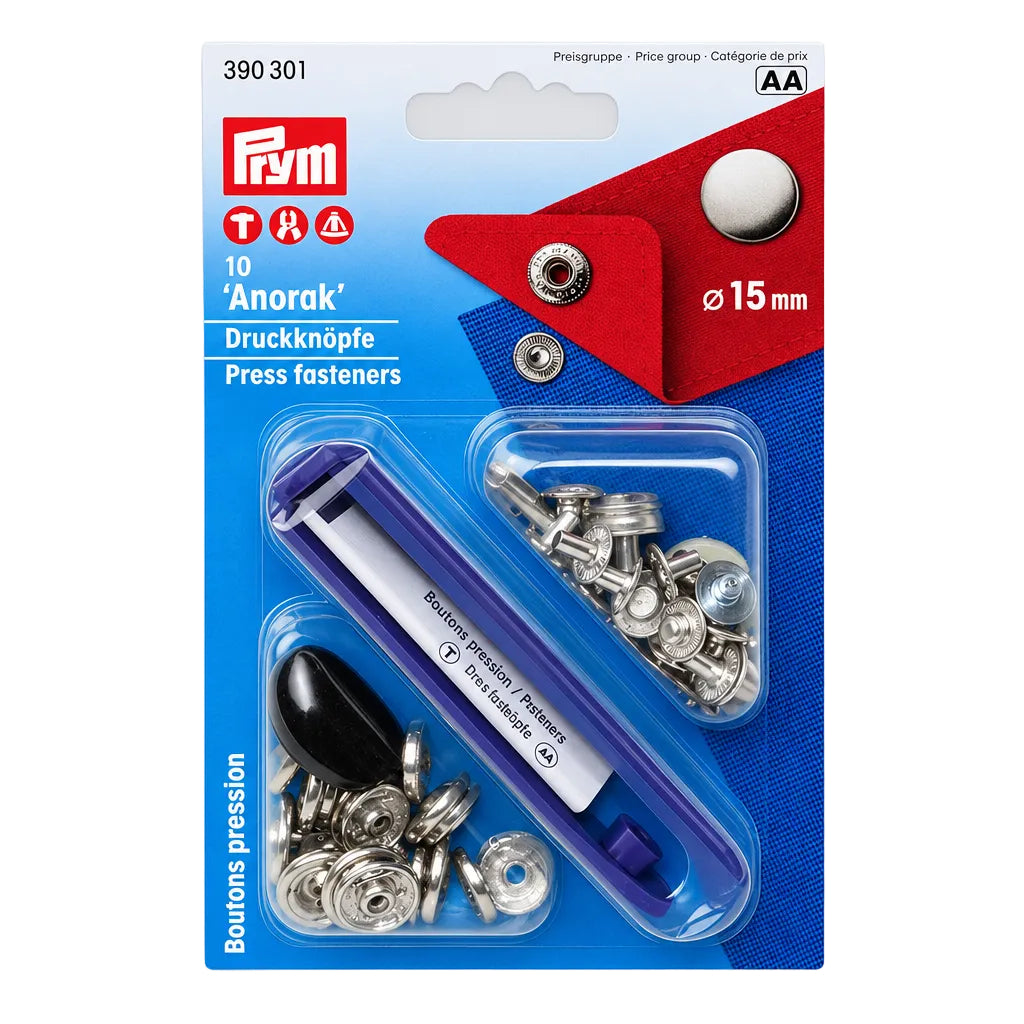 PRYM PR390301 Anorak Druckknöpfe vernickelt, Ø 15 mm, glatte Kappe, SB-Packung mit 10 Stück und blauem Montagewerkzeug