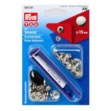 PRYM PR390301 Anorak Druckknöpfe vernickelt, Ø 15 mm, glatte Kappe, SB-Packung mit 10 Stück und blauem Montagewerkzeug