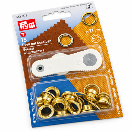 PRYM PR541371 Ösen mit Scheiben aus gelbem Messing, 11 mm, SB-Packung mit 15 Stück und weißem Montagewerkzeug