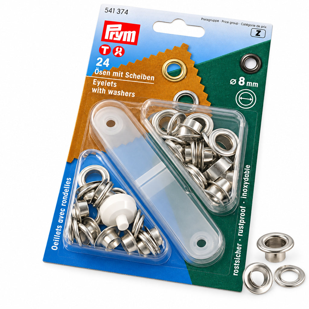 PRYM PR541374 Ösen mit Scheiben aus vernickeltem Messing, 8 mm, SB-Packung mit 24 Stück und Montagewerkzeug