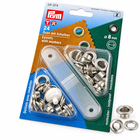 PRYM PR541374 Ösen mit Scheiben aus vernickeltem Messing, 8 mm, SB-Packung mit 24 Stück und Montagewerkzeug