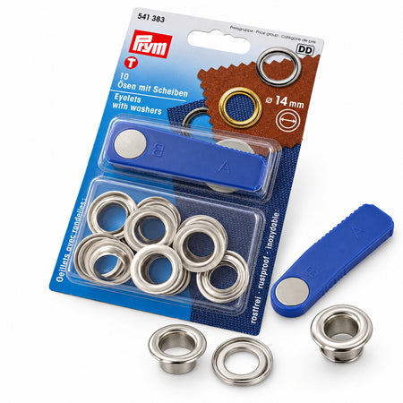 PRYM PR541383 Ösen mit Scheiben aus vernickeltem Messing, 14 mm, SB-Packung mit 10 Stück und blauem Montagewerkzeug