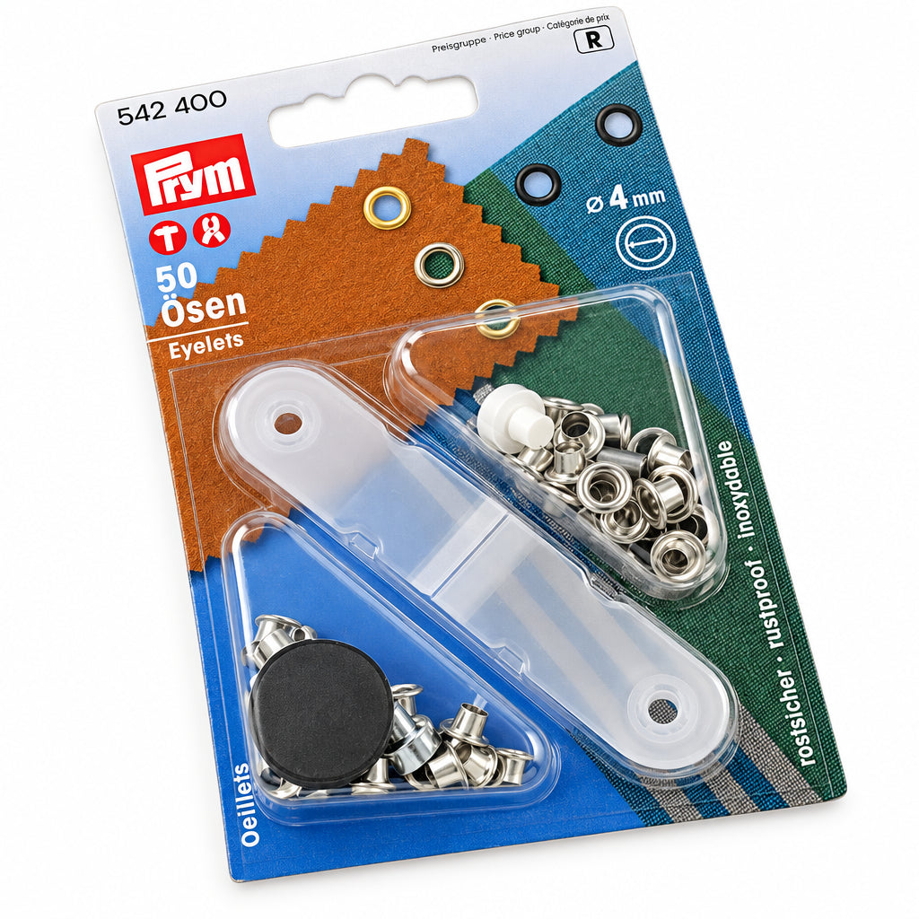 PRYM Ösen 4 mm in SB-Verpackung mit 50 Stück und Montagewerkzeug, Verpackung mit Artikelnummer 542400