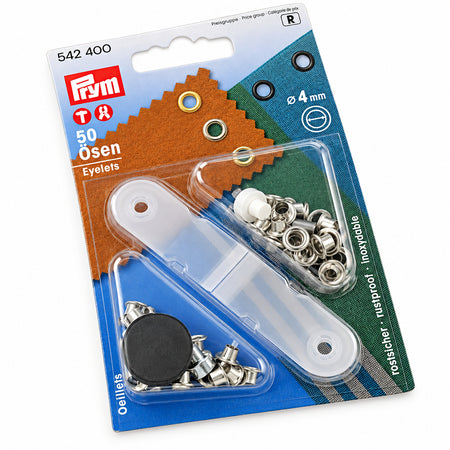 PRYM Ösen 4 mm in SB-Verpackung mit 50 Stück und Montagewerkzeug, Verpackung mit Artikelnummer 542400
