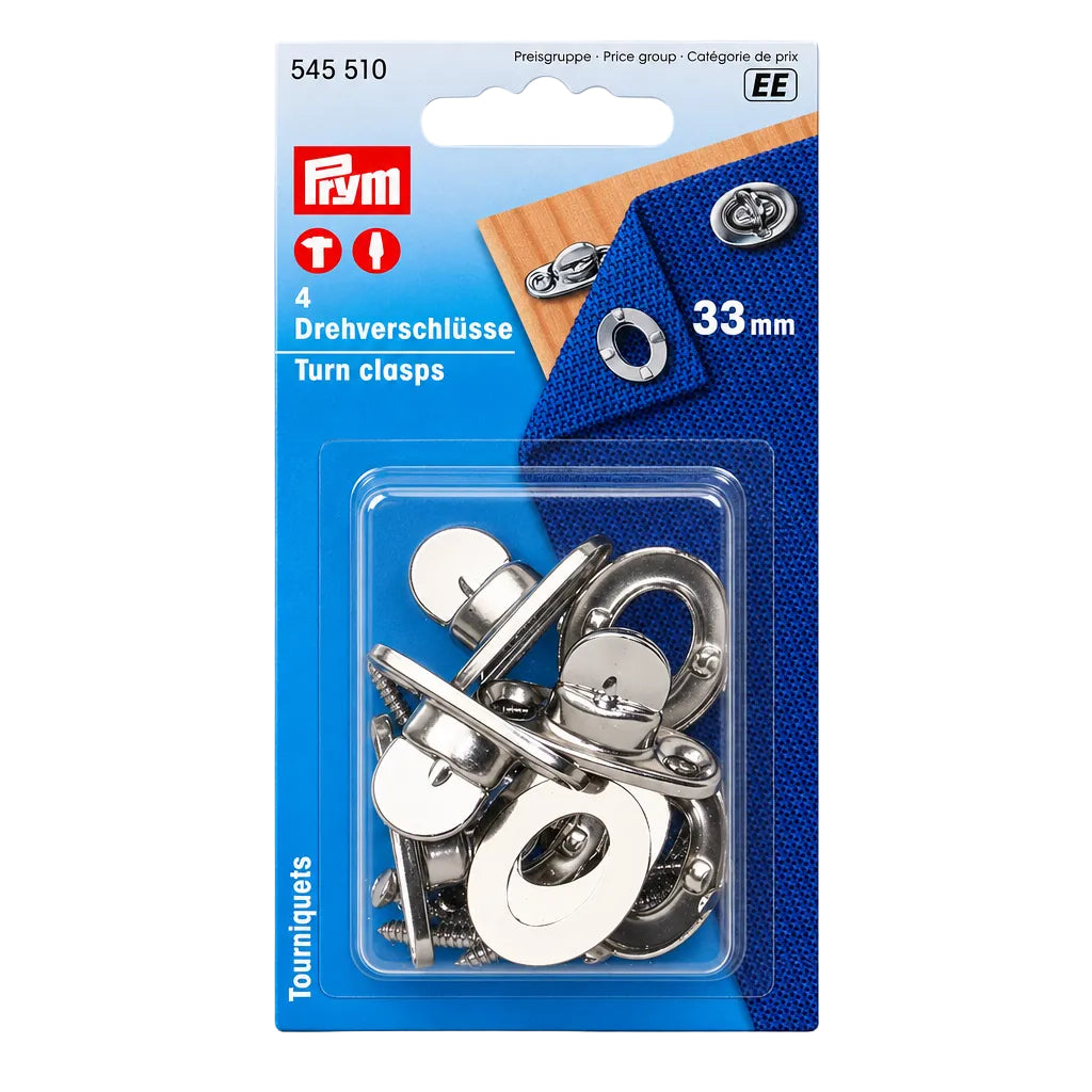 PRYM PR545510 Drehverschlüsse aus vernickeltem Messing in SB-Packung mit 4 Stück, silberfarbene Drehteile und ovale Gegenstücke im transparenten Blister, Verpackungsangabe 33 mm