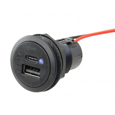 PRO CAR USB-C/A Einbau-Steckdose Rund 12/24V 3,6A 36mm mit blauer LED
