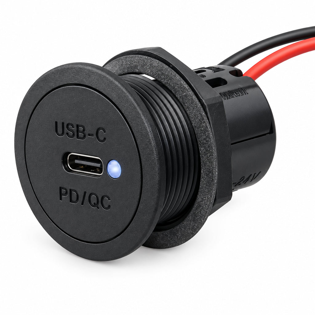 USB-C-Lade-Einbausteckdose 30 W PD/QC – 12/24 V, LED, mit/ohne Montageplatte rund