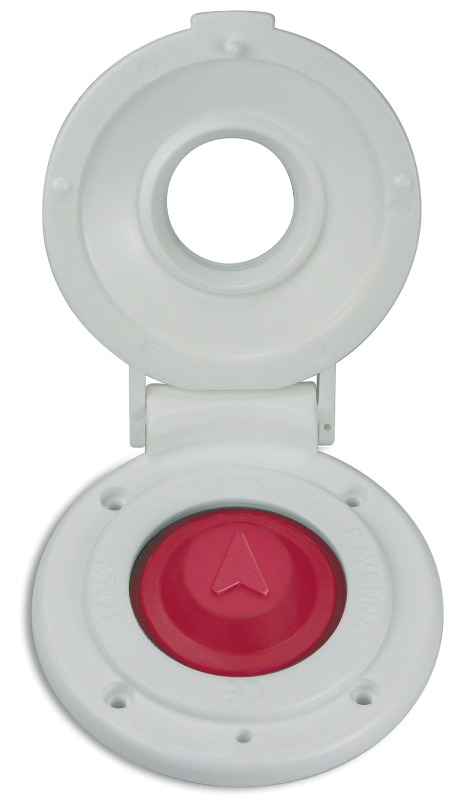 QUICK Fußschalter QI210900UW für UP mit weißem Gehäuse und geöffnetem Sicherheitsdeckel; roter Gummiknopf mit Aufwärtspfeil und Befestigungsbohrungen in der runden Grundplatte sichtbar.