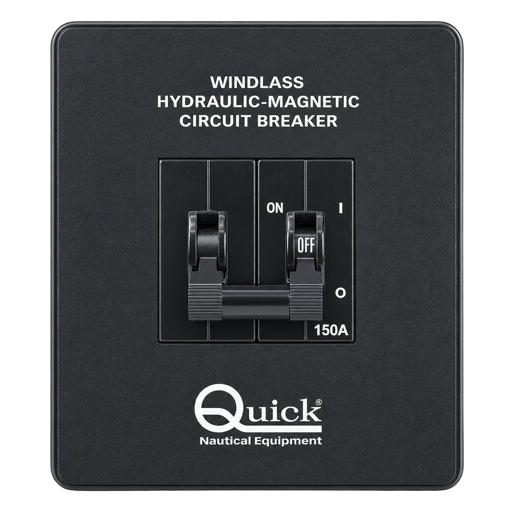 Frontansicht des Quick hydraulisch-magnetischen Schutzschalters QI2310150 für Ankerwinden, mit schwarzer rechteckiger Frontplatte, gekoppelten Schalthebeln, ON/OFF-Beschriftung, 150-A-Markierung und Quick-Logo.