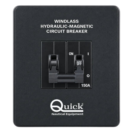 Frontansicht des Quick hydraulisch-magnetischen Schutzschalters QI2310150 für Ankerwinden, mit schwarzer rechteckiger Frontplatte, gekoppelten Schalthebeln, ON/OFF-Beschriftung, 150-A-Markierung und Quick-Logo.