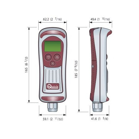 Technische Maßzeichnung der QUICK Fernbedienung mit Display in Vorder- und Seitenansicht, mit Maßangaben 62,2 und 59,1 mm Breite, 165 und 185 mm Höhe sowie 49,4 und 41,6 mm Tiefe und ergänzenden Zollmaßen.