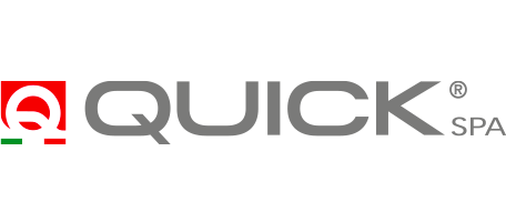 QUICK SPA Herstellerlogo mit grauem QUICK-Schriftzug und rotem quadratischem Markenzeichen auf weißem Hintergrund.