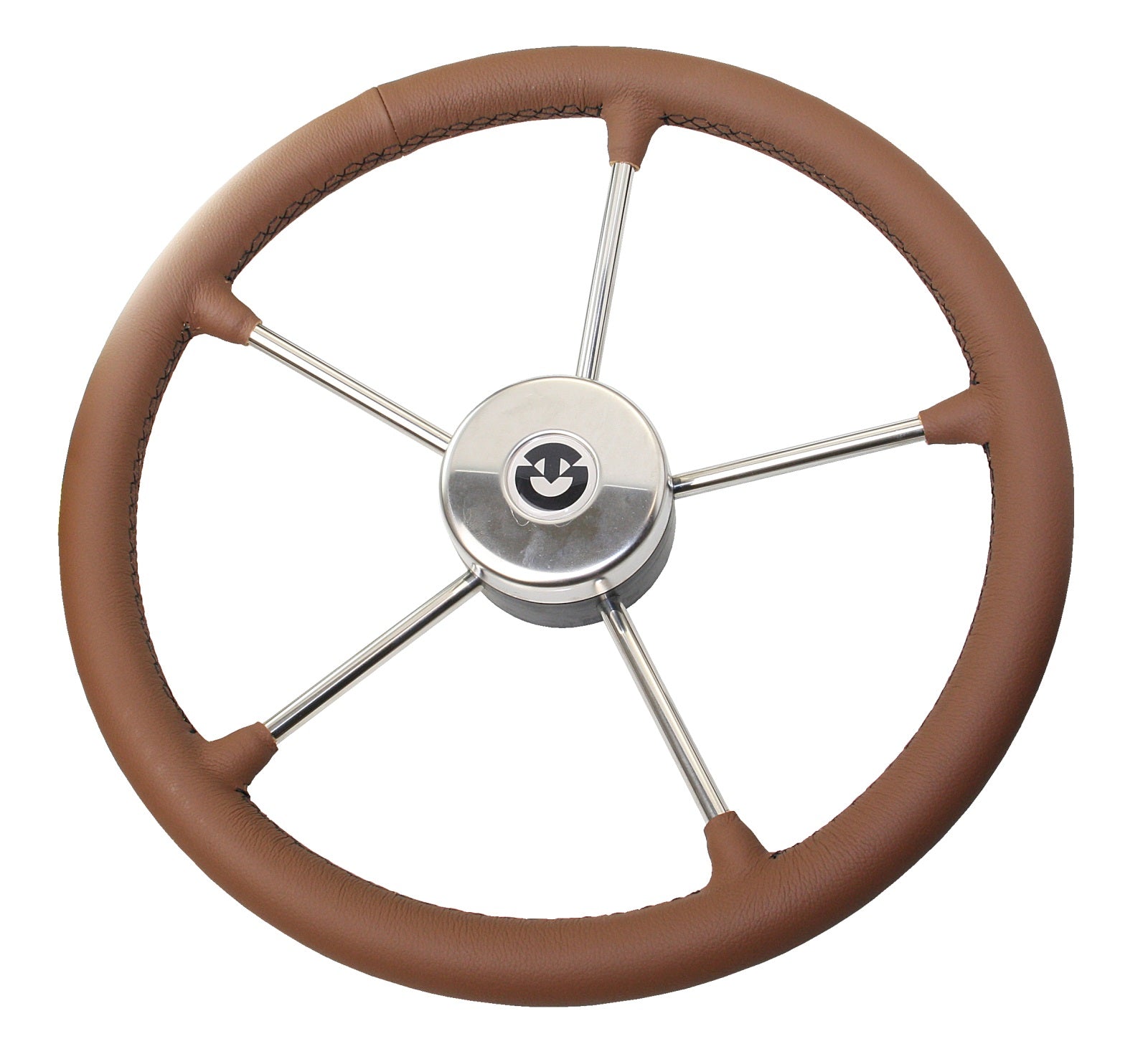 RIVIERA Steuerrad VR03 Edelstahl/Leder 400mm – Premium Bootssteuerrad mit Lederbezug braun Naht schwarz