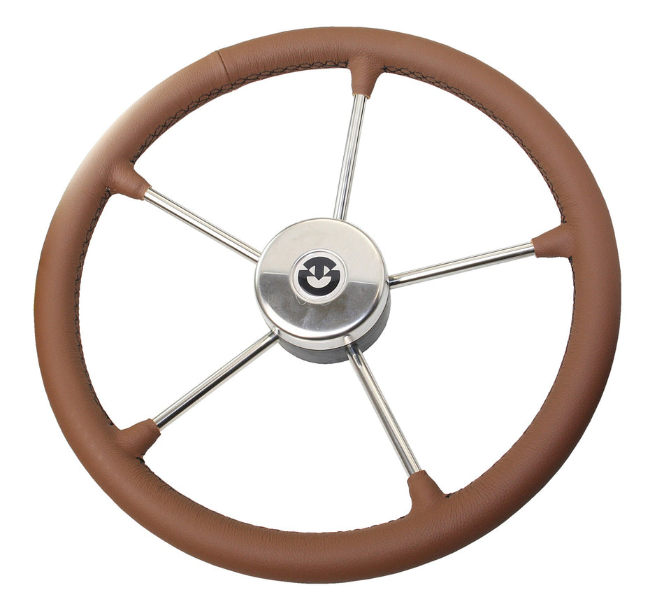 RIVIERA Steuerrad VR03 Edelstahl/Leder 400mm – Premium Bootssteuerrad mit Lederbezug braun Naht schwarz