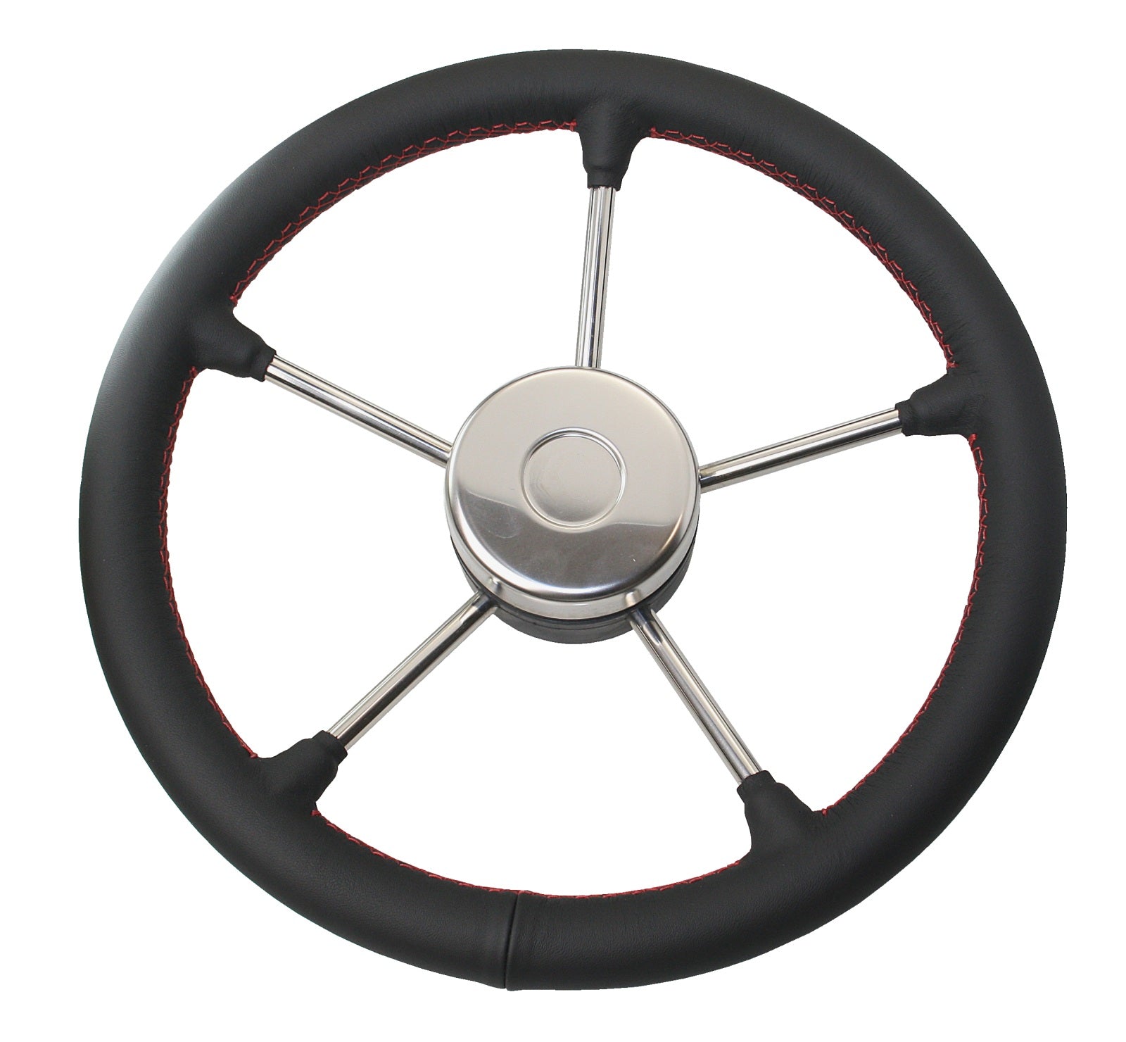 RIVIERA Steuerrad VR02 Edelstahl/Leder 350mm – Premium Bootssteuerrad mit Lederbezug schwarz Naht rot