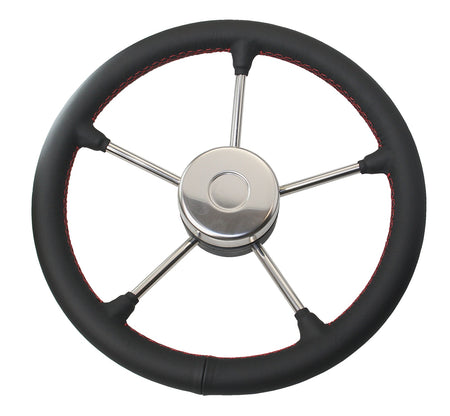 RIVIERA Steuerrad VR02 Edelstahl/Leder 350mm – Premium Bootssteuerrad mit Lederbezug schwarz Naht rot