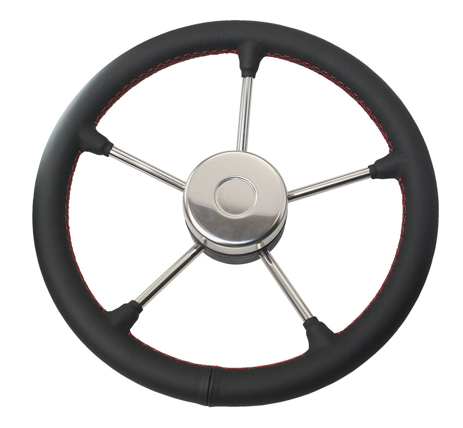 RIVIERA Steuerrad VR02 Edelstahl/Leder 350mm – Premium Bootssteuerrad mit Lederbezug schwarz Naht rot