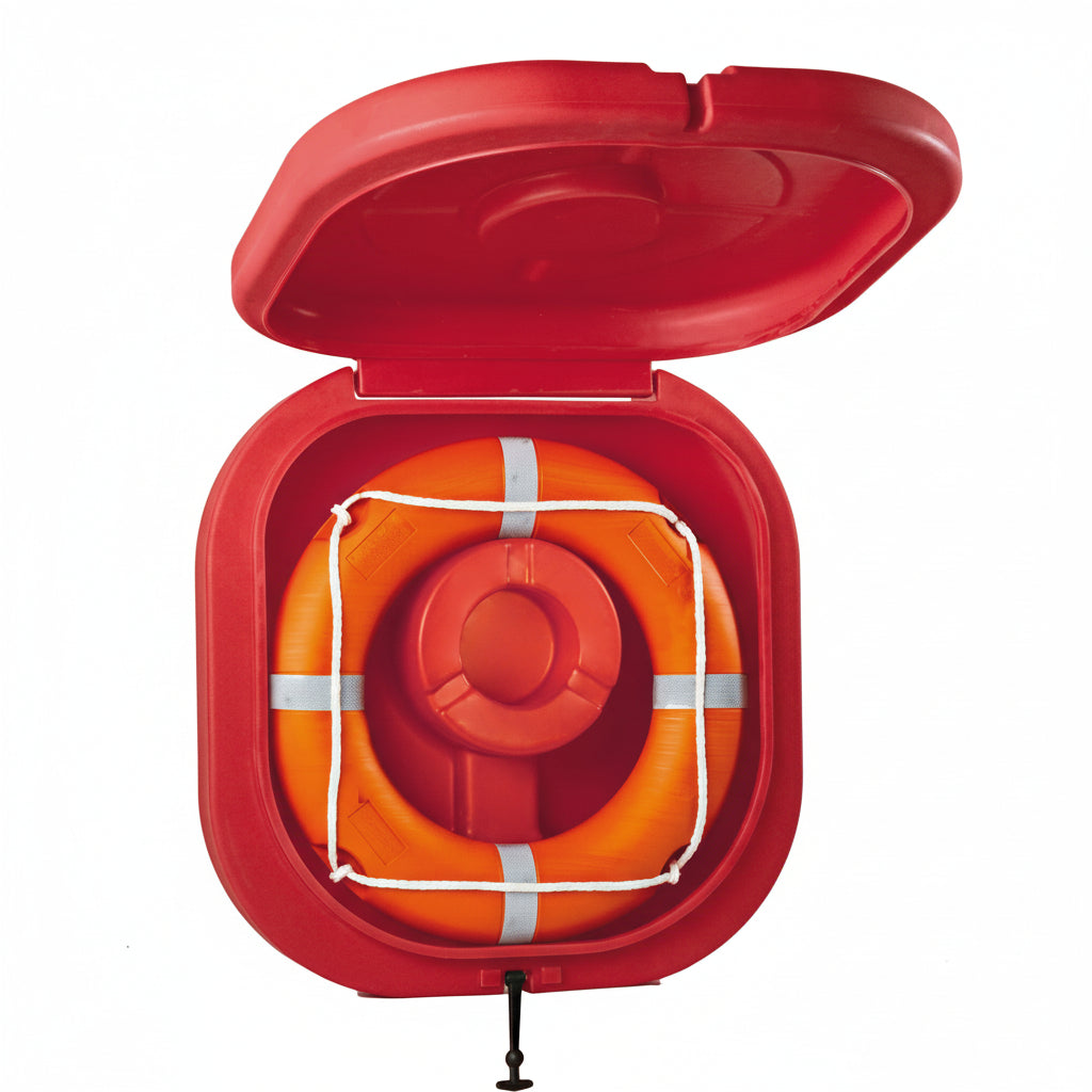 Rettungsring-Container ISO 18421 – Rot mit Klappe – Aufbewahrungsbox für Rettungsringe
