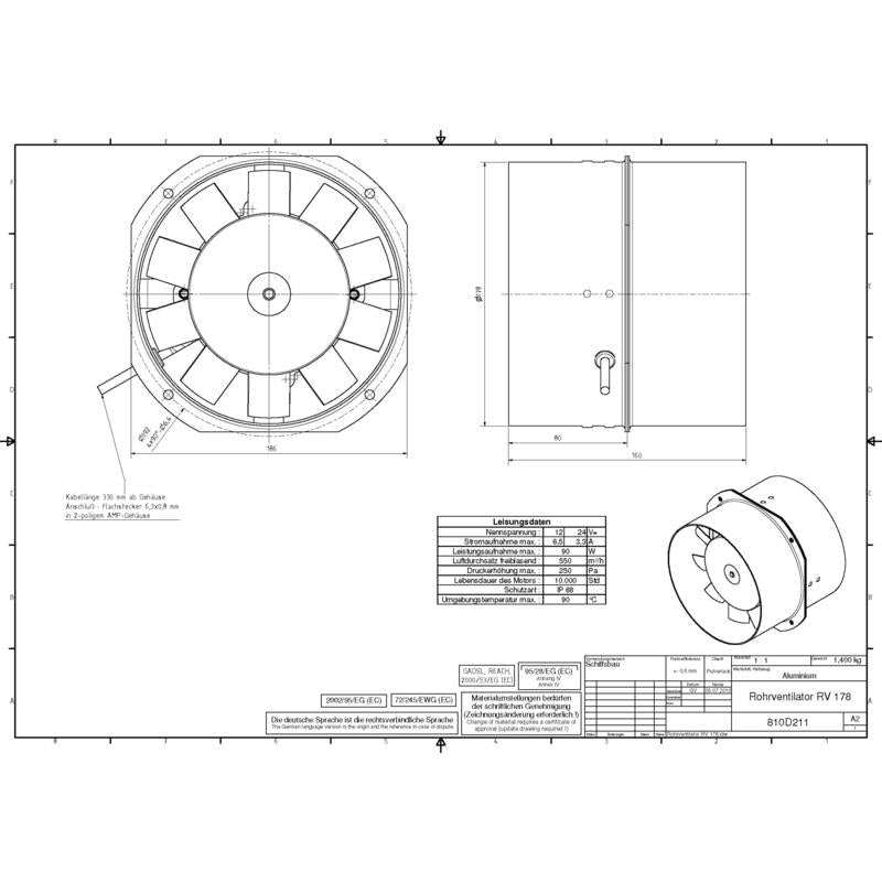VETUS Ventilator 178 12V seewasserfest IP68