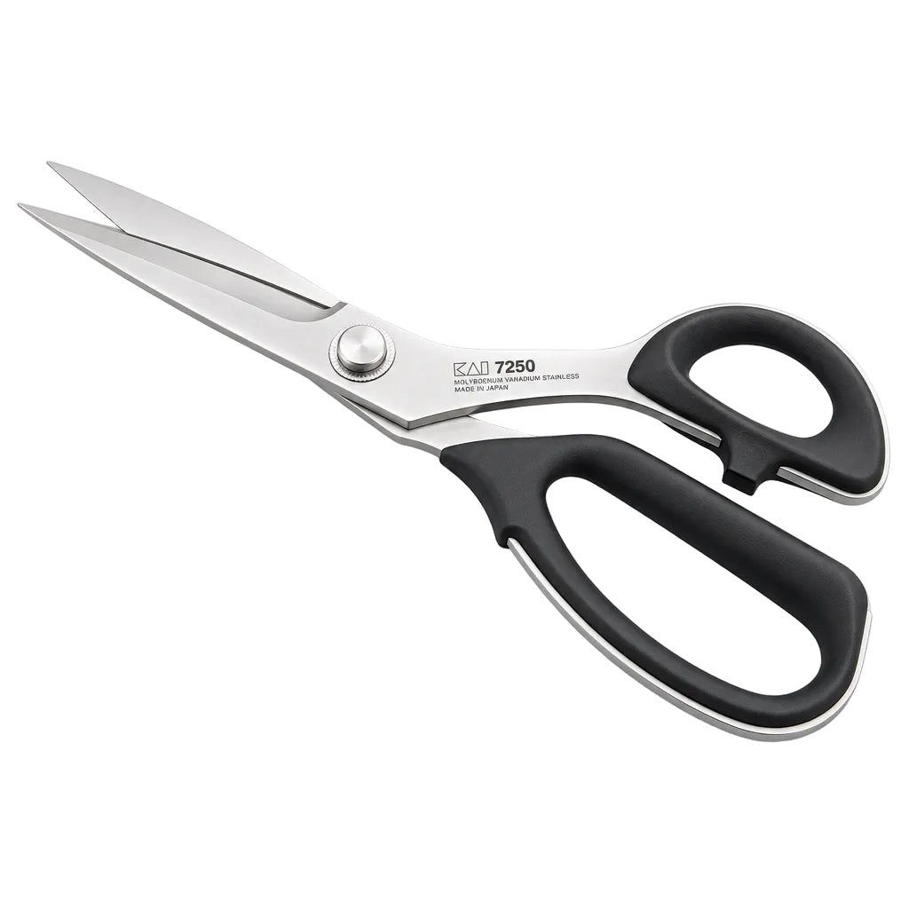 KAI 7250 Zuschneideschere für Aramidgewebe, spitz zulaufende Klingen, Elastomer-Griffe, Made in Japan