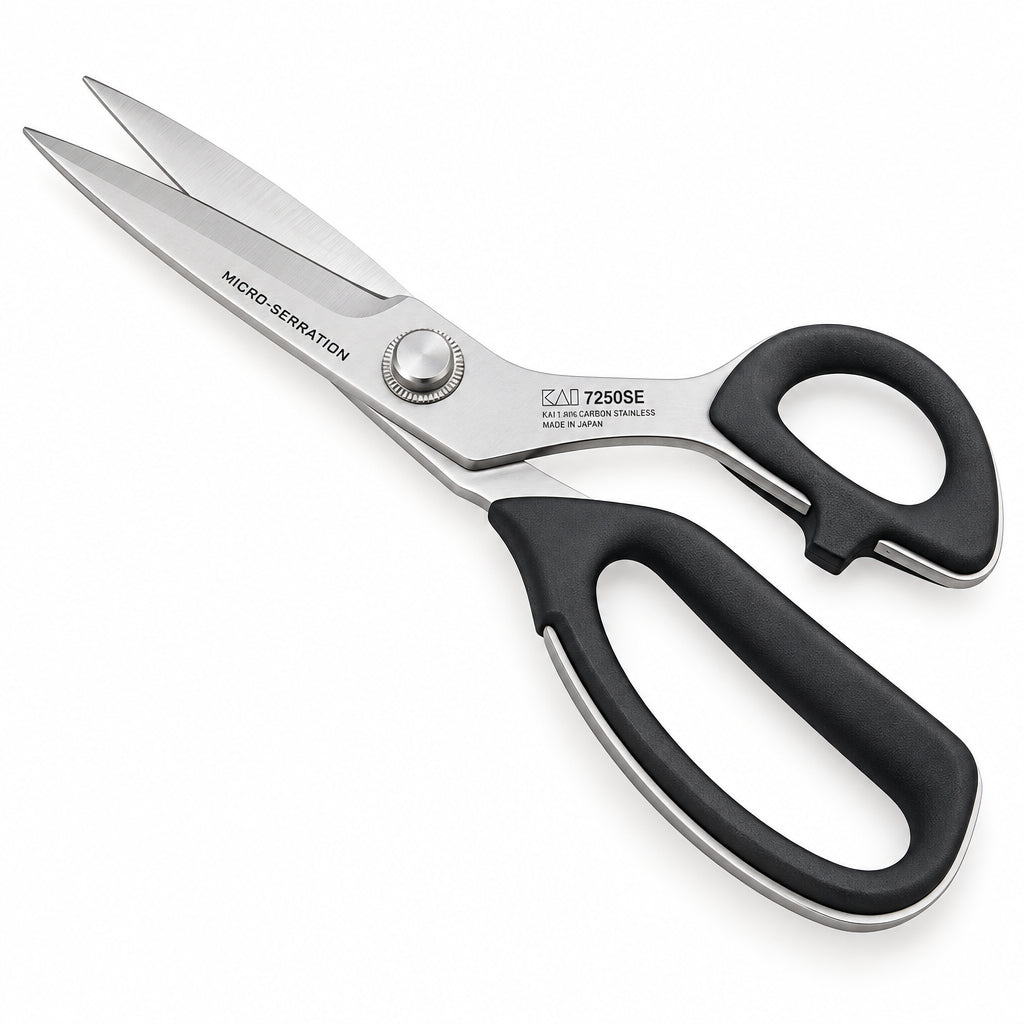 KAI 7250SE Universal-Zuschneideschere mit Mikro-Verzahnung, schwarze Kunststoffgriffe, Made in Japan