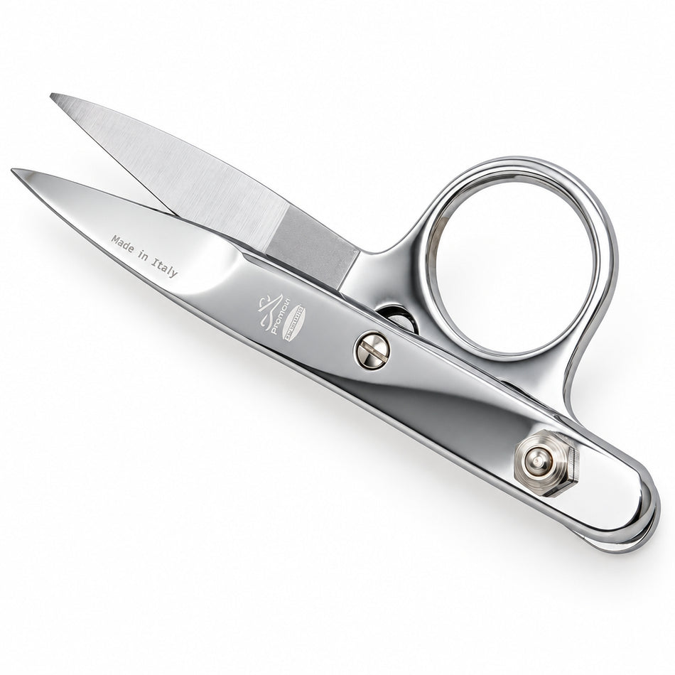 Fadenschere Einring-Weberschere RQ203761, glanzpolierter Edelstahl, Made in Italy, Detailansicht der gebogenen Klinge
