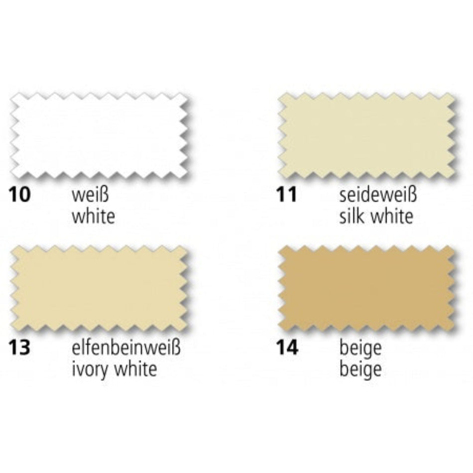 SAULEDA PORT PVC-Tuch: gezackte Farbmuster in Weiß 10, Seideweiß 11, Elfenbeinweiß 13 und Beige 14 mit Farbbezeichnungen.