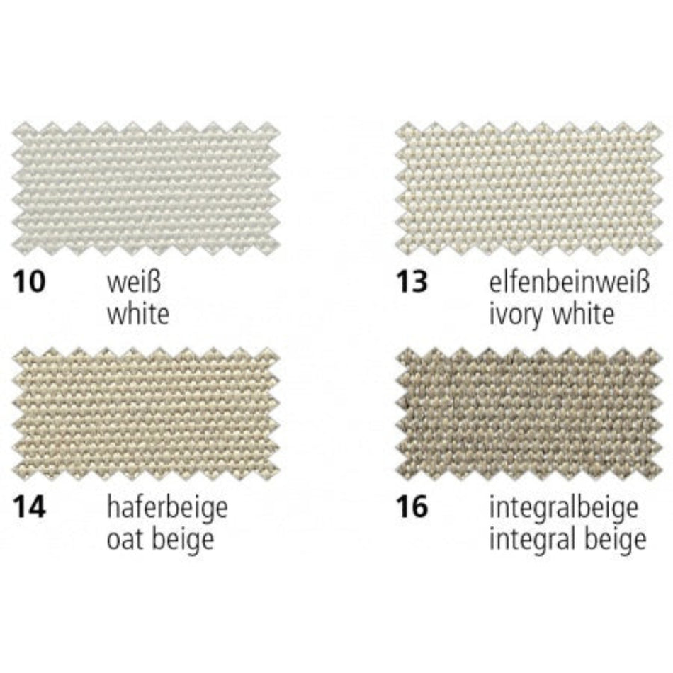 agora Lisos Uni Acryl-Polsterstoff: vier gewebte Farbmuster in Weiß 10, Elfenbeinweiß 13, Haferbeige 14 und Integralbeige 16 mit gezackten Rändern und Farbbeschriftung.