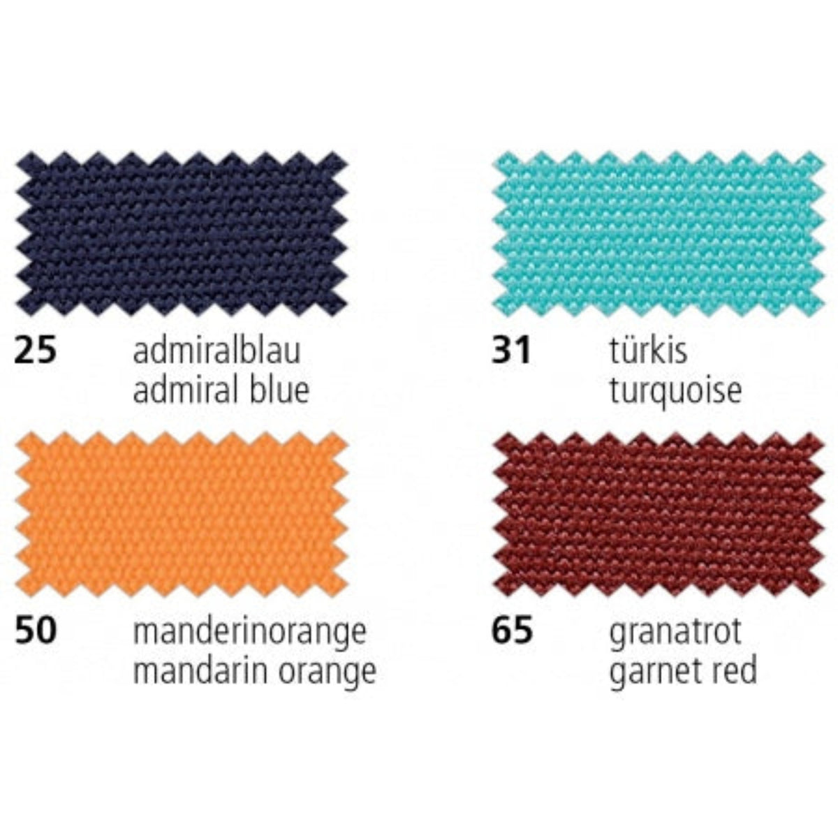 agora Lisos Uni Acryl-Polsterstoff: vier gewebte Farbmuster in Admiralblau 25, Türkis 31, Mandarinorange 50 und Granatrot 65 mit gezackten Rändern und Farbbeschriftung.