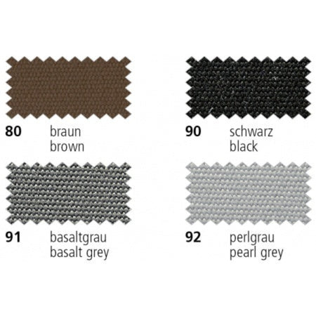 agora Lisos Uni Acryl-Polsterstoff: vier gewebte Farbmuster in Braun 80, Schwarz 90, Basaltgrau 91 und Perlgrau 92 mit sichtbarer Gewebestruktur und Farbbeschriftung.