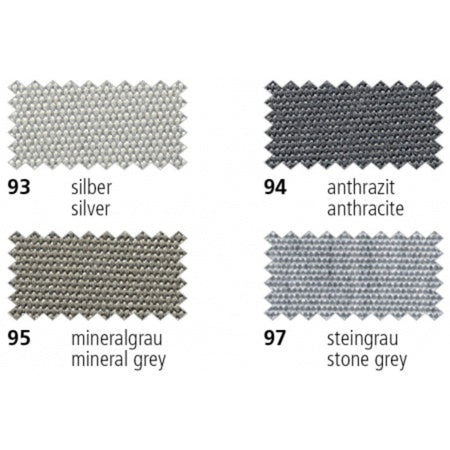 agora Lisos Uni Acryl-Polsterstoff: vier gewebte Farbmuster in Silber 93, Anthrazit 94, Mineralgrau 95 und Steingrau 97 mit gezackten Rändern und Farbbeschriftung.