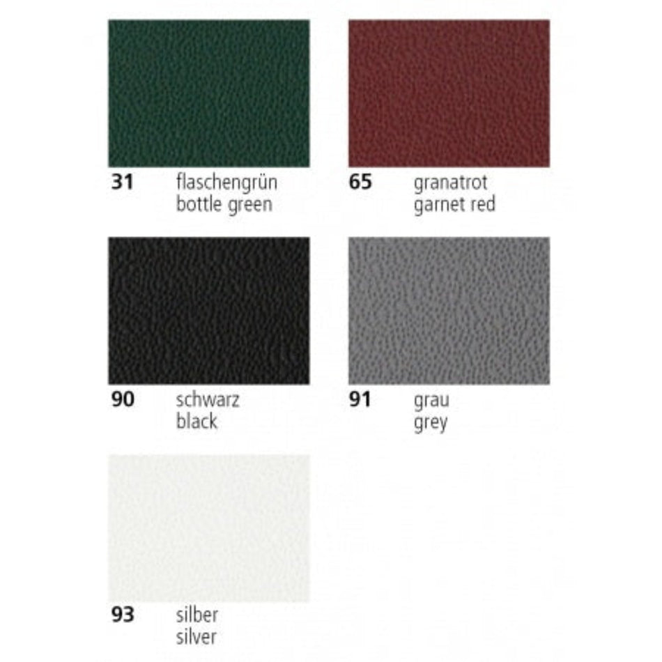 DECK PVC-Tuch Farbmuster in Flaschengrün 31, Granatrot 65, Schwarz 90, Grau 91 und Silber 93, fünf rechteckige Stoffproben mit sichtbarer Oberfläche und Farbbeschriftung.