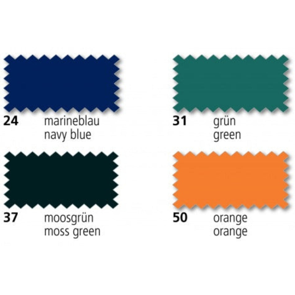 SAULEDA SuperTrans PVC-Tuch Farbmuster in Marineblau 24, Grün 31, Moosgrün 37 und Orange 50, vier gezackte Stoffproben mit Farbbeschriftung.