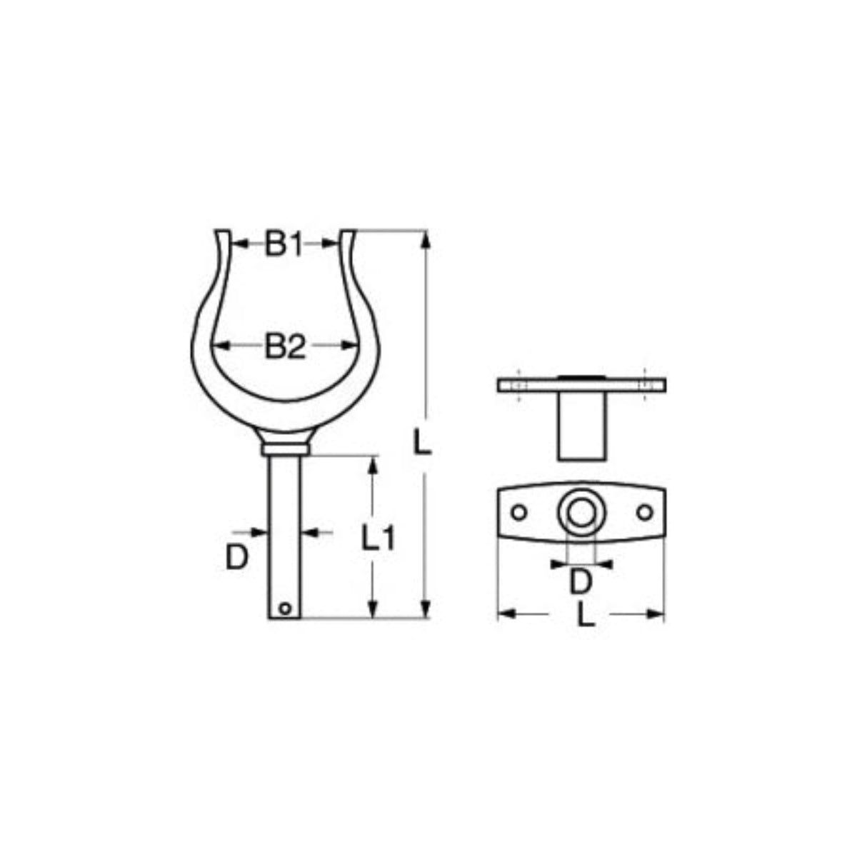 Allgemeine technische Maßzeichnung einer Rudergabel mit Maßpfeilen für L, L1, B1, B2 und D sowie Seiten- und Draufsicht einer Buchse; schematische Darstellung ohne Klappmechanismus.