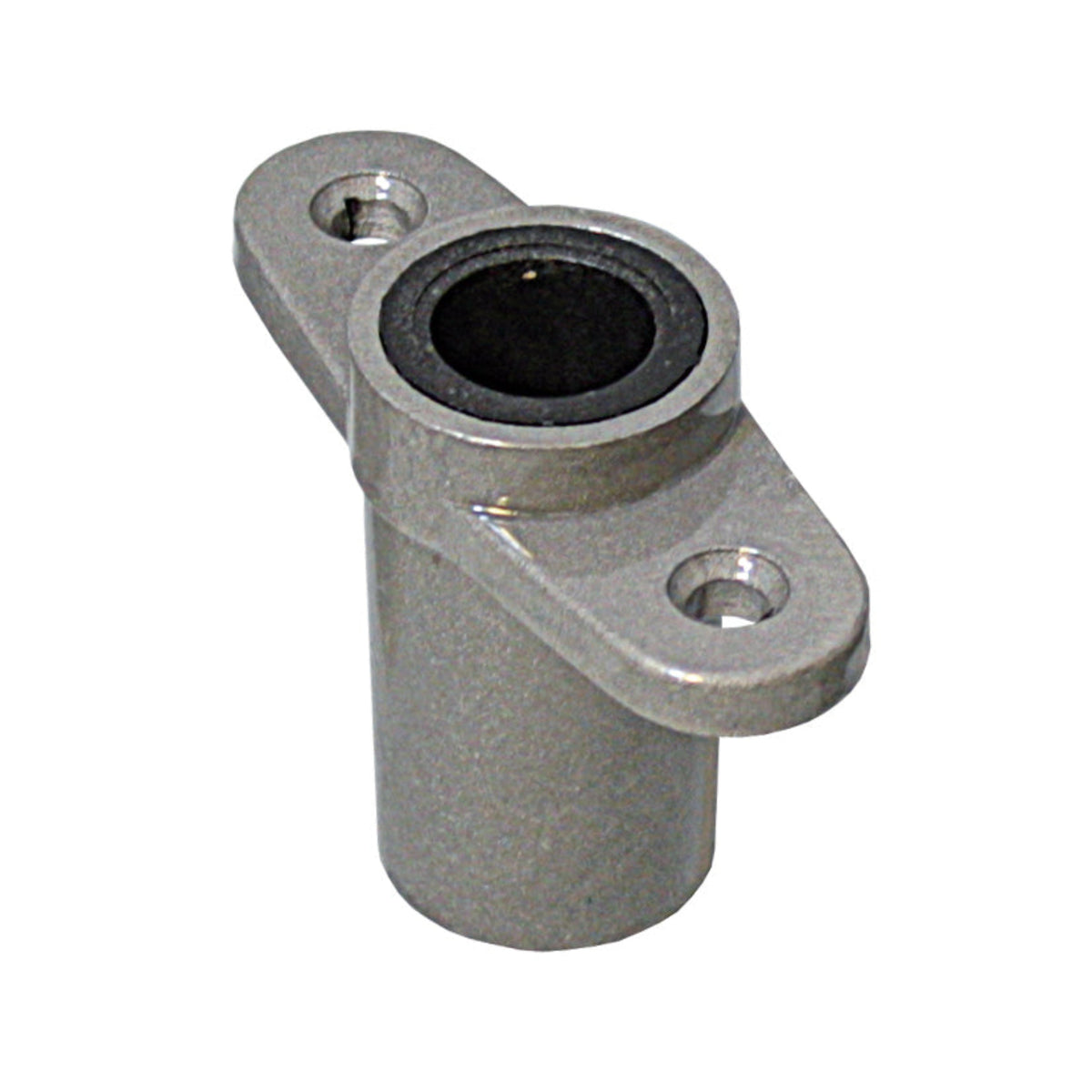 Ruderdollen-Aufnahme SG1023T zum Einlassen mit schwarzer Nylon-Muffe, silberfarbener Befestigungsplatte mit abgerundeten Enden und zwei Senkbohrungen sowie zylindrischem Gehäuse, schräg von oben vor weißem Hintergrund.