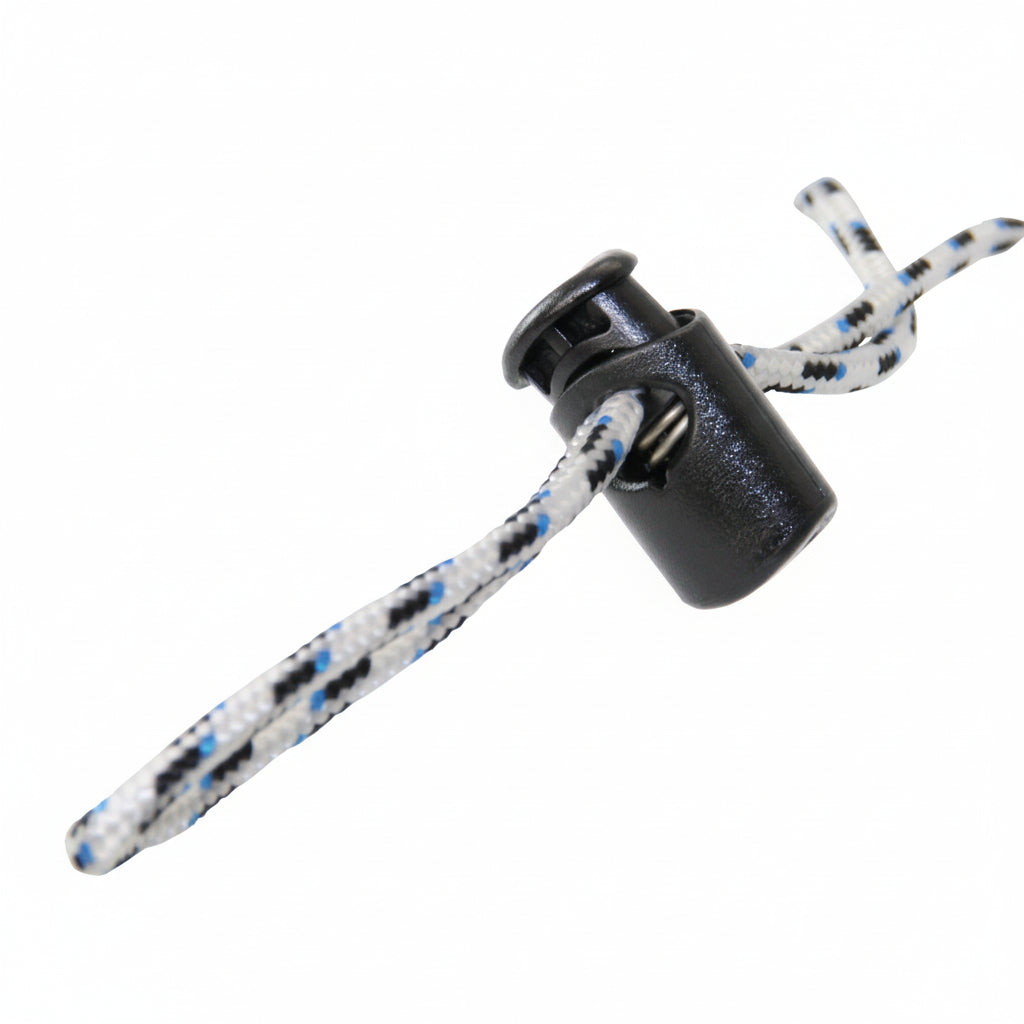 Kordelstopper schwarz aus Acetal mit Edelstahlfeder - Für Tauwerk 3-4 mm