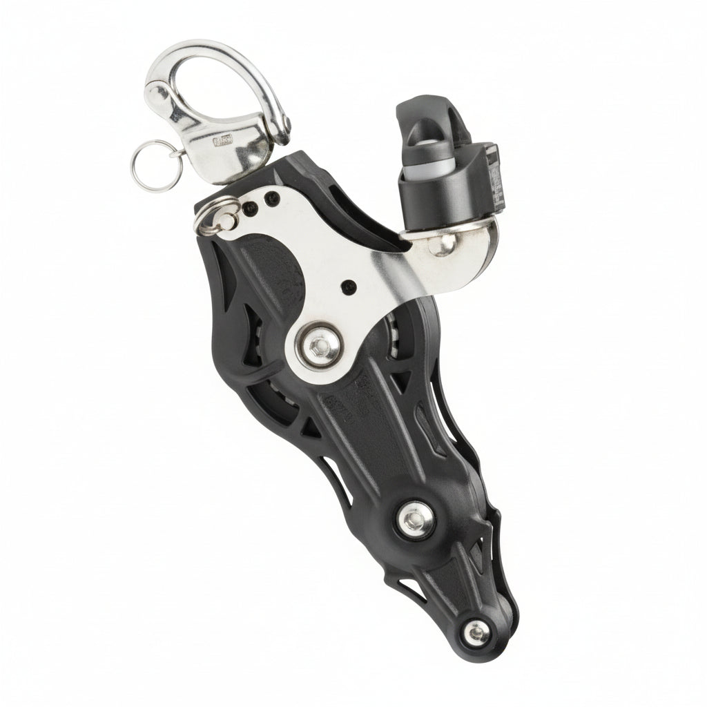 WICHARD Violinenblock mit Schnappschäkel, Hundsfott und Klemme, gleitgelagert und kugelgelagert, 45mm Rollendurchmesser, für Tauwerk bis 10mm, maritime Bootsbeschläge