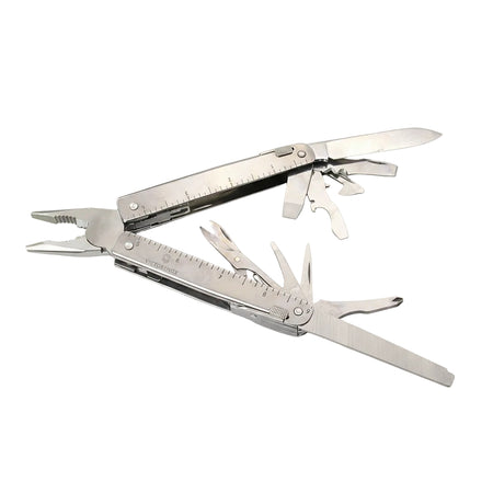 Victorinox SwissTool X Plus Ratchet VI06 – Multitool geöffnet mit Spitzzange, Ratsche, Bits und Korkenzieher, Gesamtansicht mit schwarzem Lederetui
