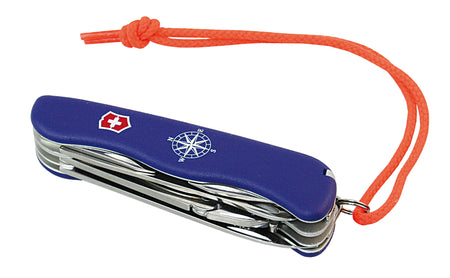 Victorinox Skipper VI07 geschlossen – blauer Griff mit Victorinox-Logo und Kompassrose, orange Kordel am Befestigungsring
