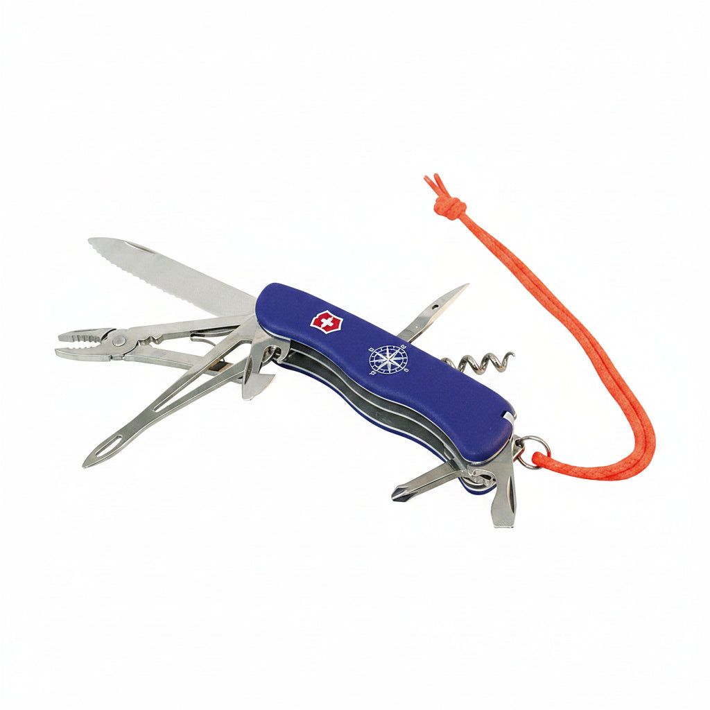 Victorinox Skipper VI07 geöffnet – Kombizange, Wellenschliff-Klinge, Korkenzieher und Schäkelöffner sichtbar, blauer Griff mit Kompassrose und