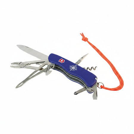 Victorinox Skipper VI07 geöffnet – Kombizange, Wellenschliff-Klinge, Korkenzieher und Schäkelöffner sichtbar, blauer Griff mit Kompassrose und