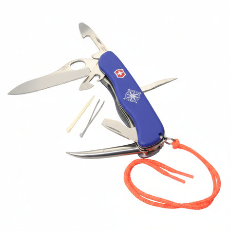 Victorinox Skipper Pro VI08 geöffnet – große Feststell-Wellenschliff-Klinge, Feststell-Marlspieker, Pinzette und Zahnstocher sichtbar, blauer Griff mit Kompassrose und oranger Kordel
