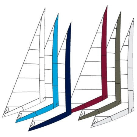 Schematische Darstellung mehrerer Vorsegel mit unterschiedlich farbigen UV-Schutzstreifen entlang der Segelkanten als Anwendungsbeispiel für WEATHERMAX UV-Schutzgewebe.