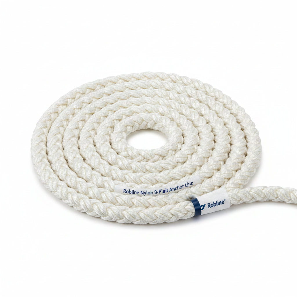 ROBLINE Nylon 8-plait Ankerleine weiß auf weißem Hintergrund, 8-Geflecht Nylon Tauwerk
