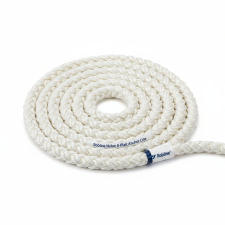 ROBLINE Nylon 8-plait Ankerleine weiß auf weißem Hintergrund, 8-Geflecht Nylon Tauwerk
