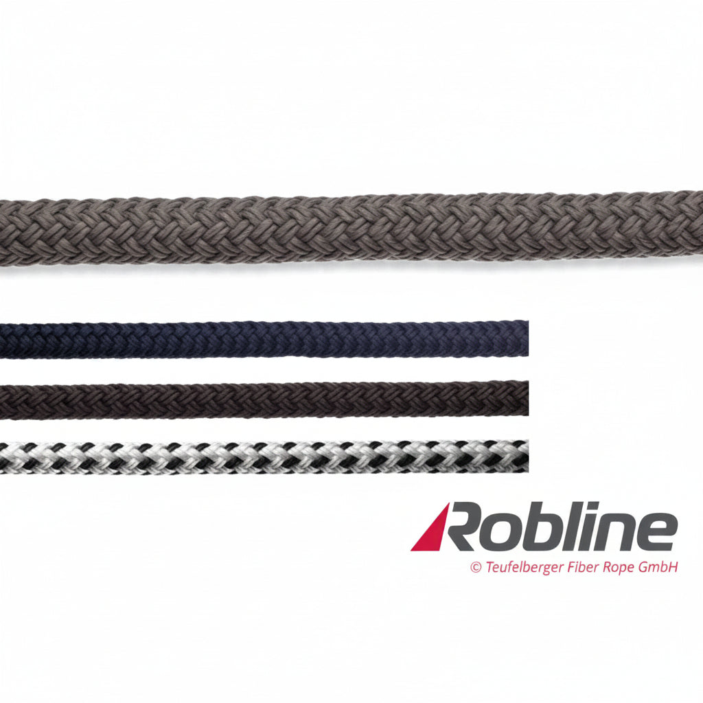 ROBLINE Rio Festmacherleine in weiß-schwarz, navy, schwarz und grau – Polyester-Tauwerk Detailaufnahme
