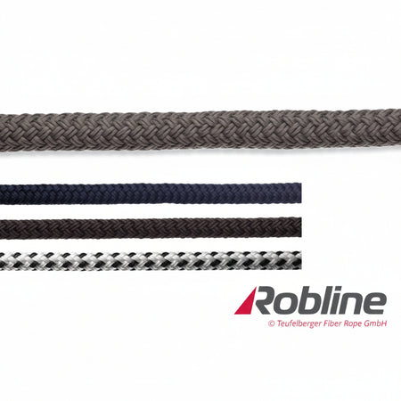 ROBLINE Rio Festmacherleine in weiß-schwarz, navy, schwarz und grau – Polyester-Tauwerk Detailaufnahme
